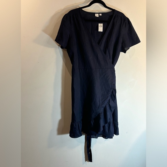 GAP Sz XL Mini Wrap Dress Linen Blend Ruffle Hem Short Sleeve NEW WITH TAG Navy - Picture 2 of 9